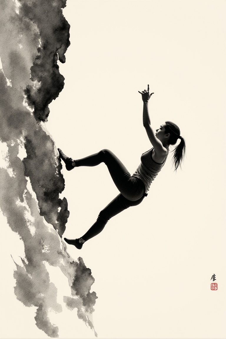 calligraphy ink art.keliafx,  a simple drawing of calligraphy ink of a woman rock climbing,  dynamic brush strokes on Tens...