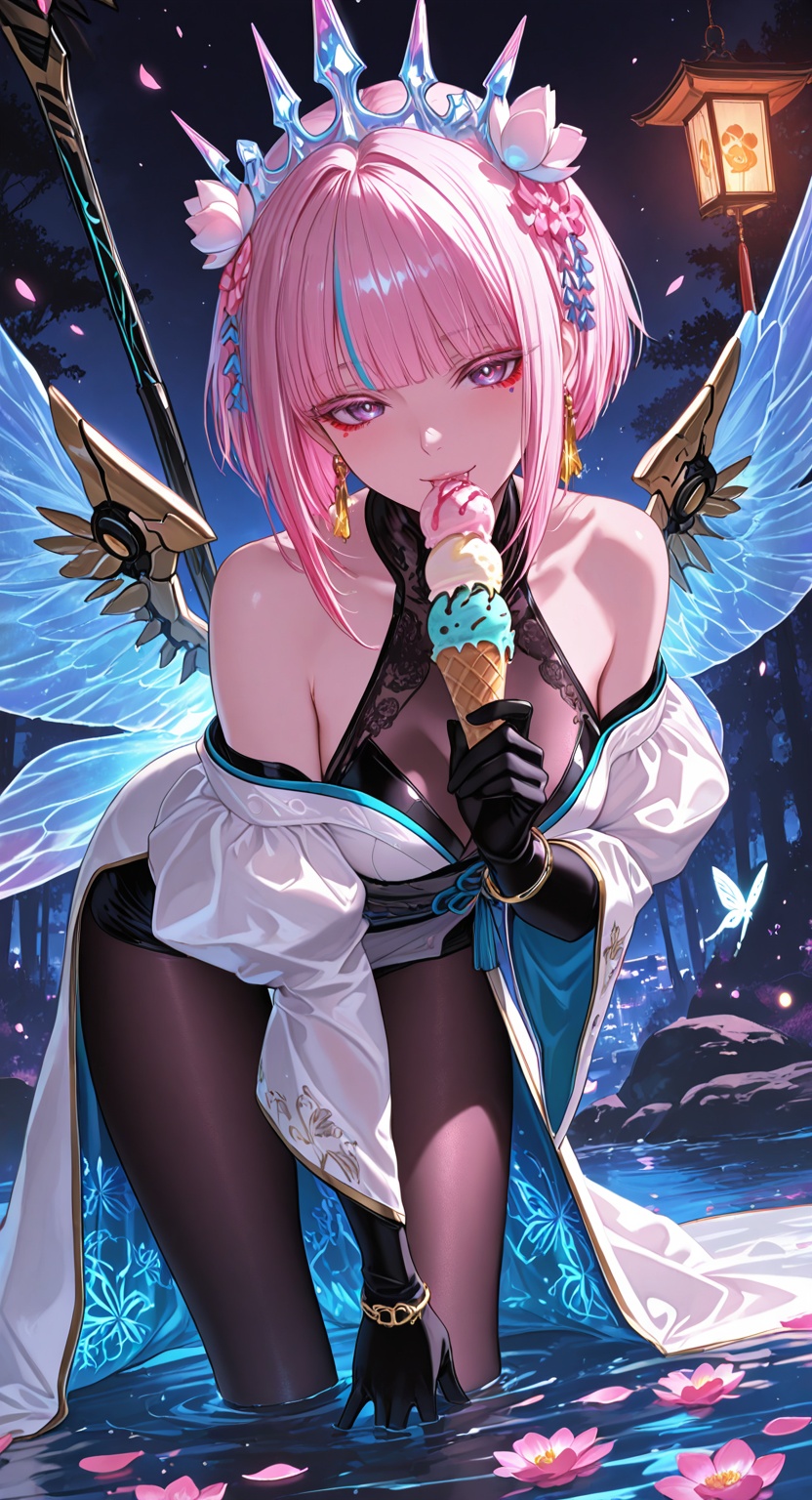 A breathtaking female figure combining the elegance of a cyberpunk geisha and the dark mystique of Black★Rock Shooter aest...