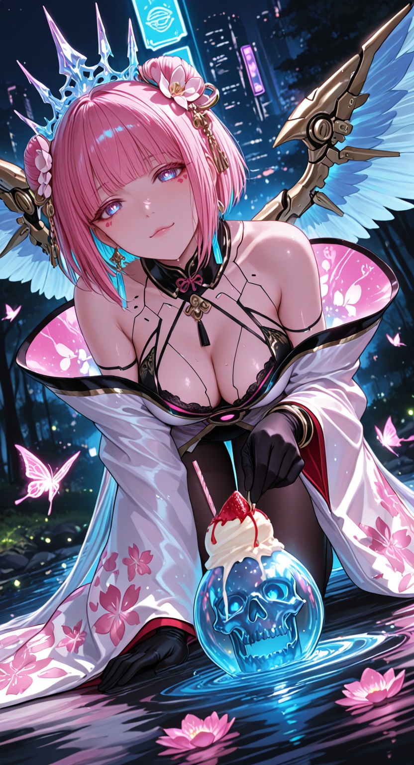 A breathtaking female figure combining the elegance of a cyberpunk geisha and the dark mystique of Black★Rock Shooter aest...