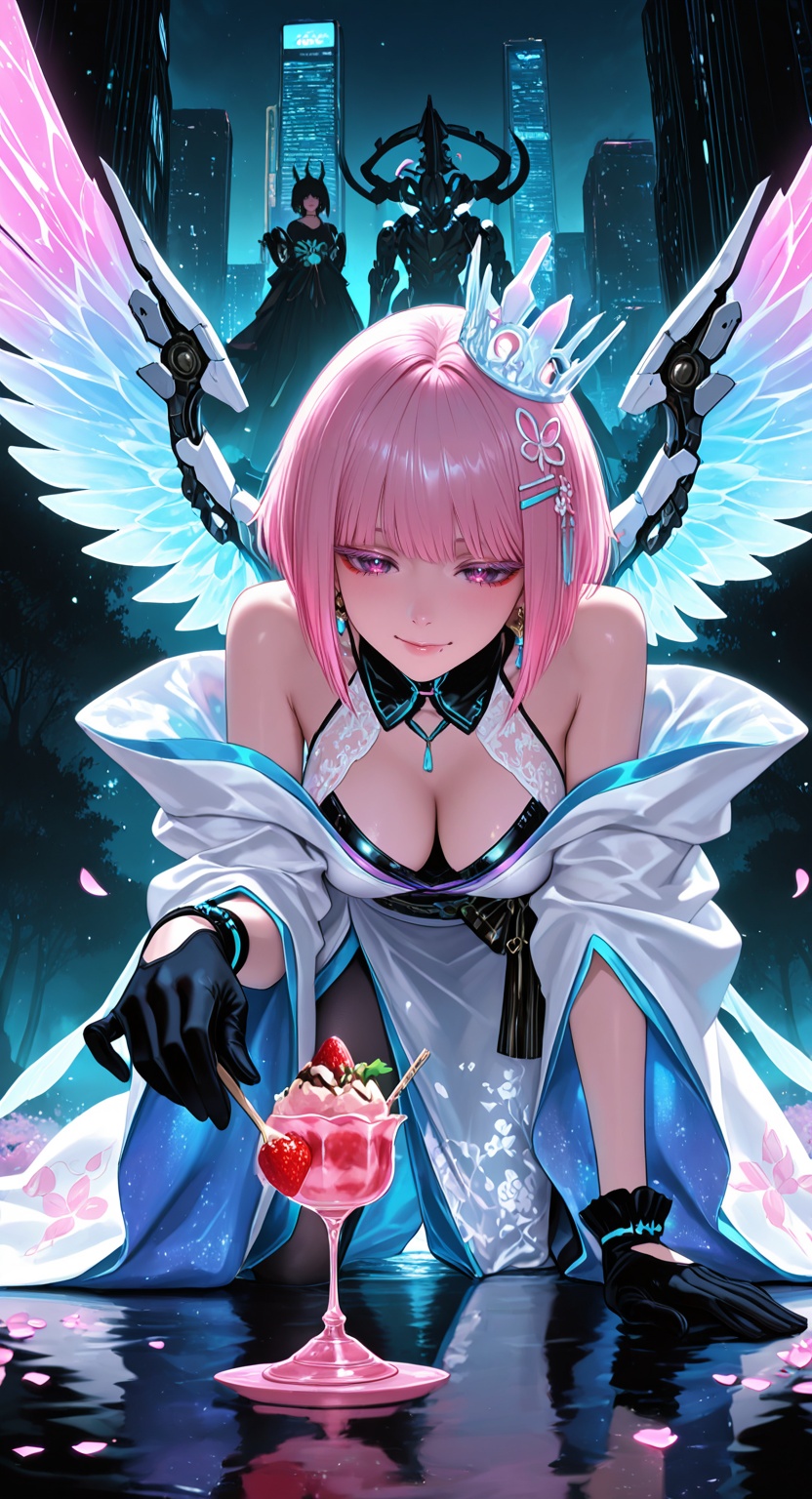 A breathtaking female figure combining the elegance of a cyberpunk geisha and the dark mystique of Black★Rock Shooter aest...