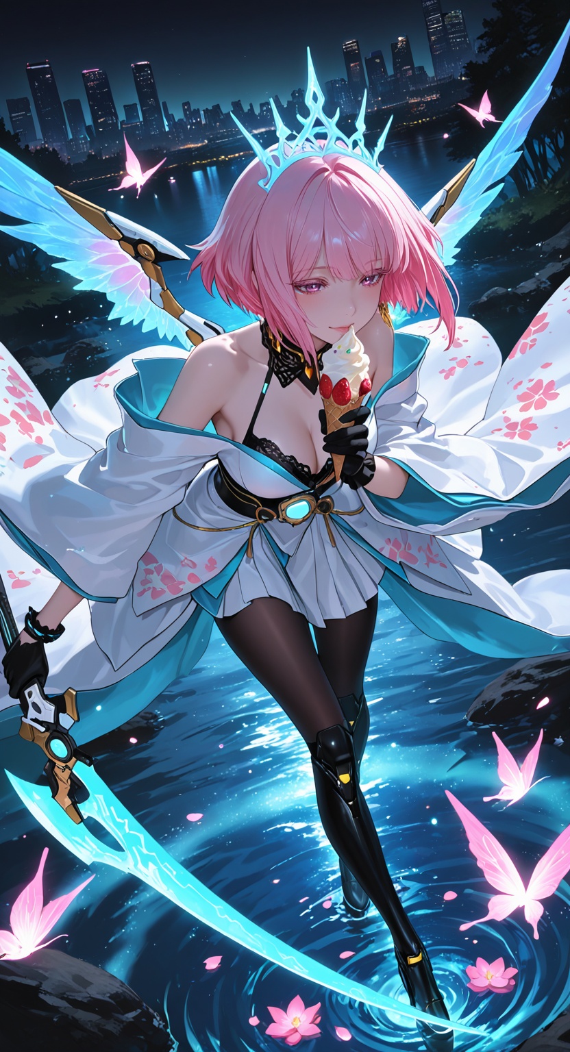 A breathtaking female figure combining the elegance of a cyberpunk geisha and the dark mystique of Black★Rock Shooter aest...