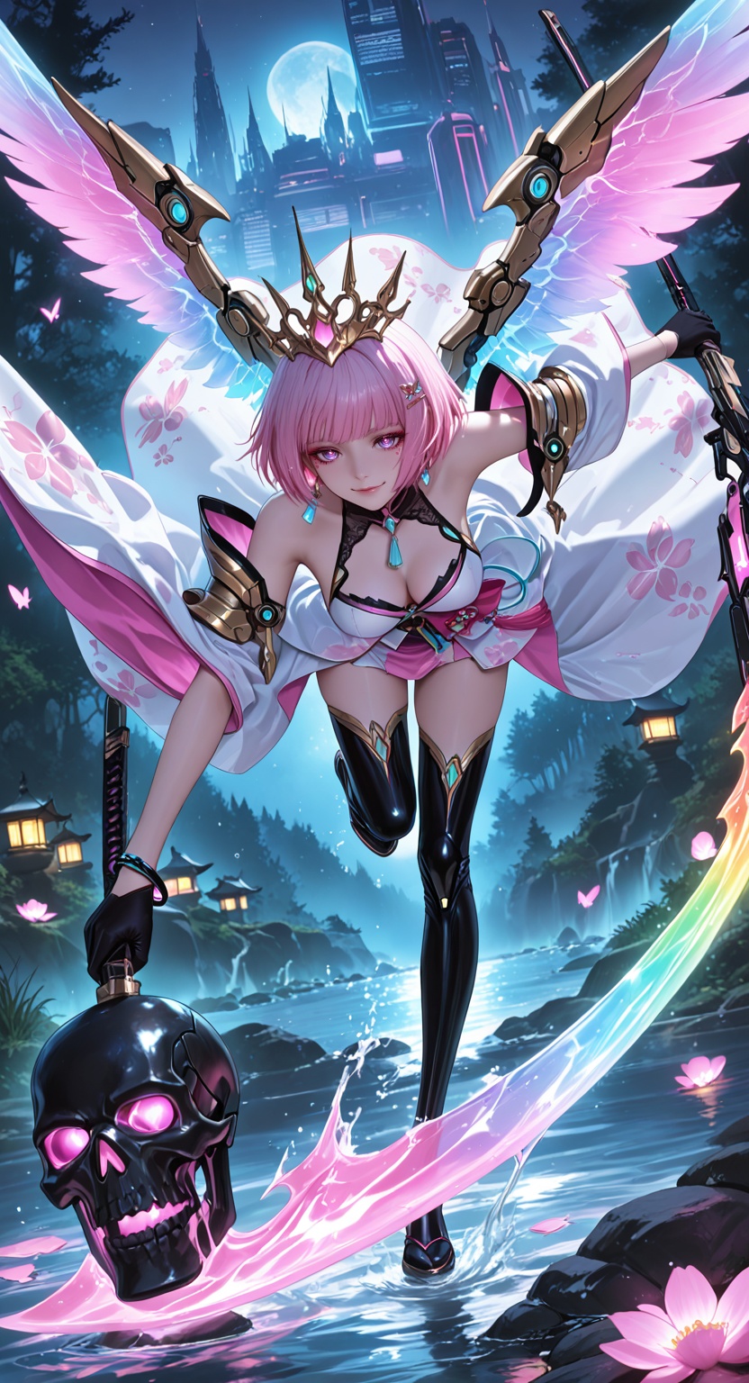 A breathtaking female figure combining the elegance of a cyberpunk geisha and the dark mystique of Black★Rock Shooter aest...
