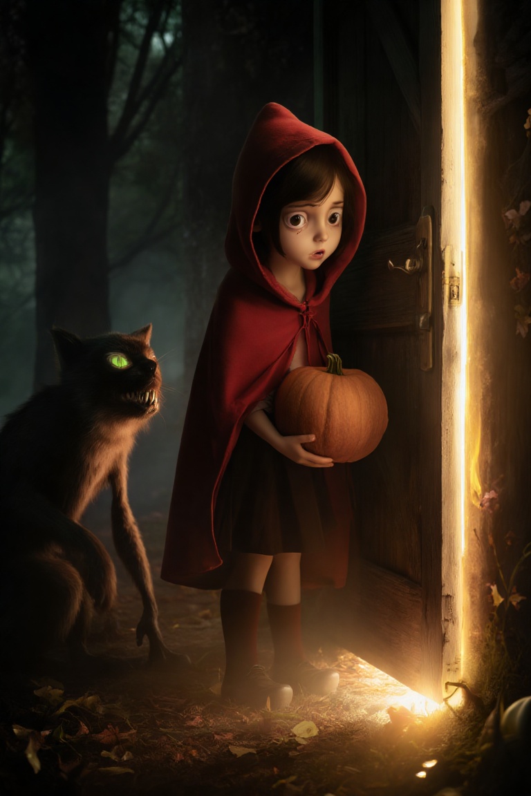Ghibli studio style,  young girl in a red hooded cloak,  wide fearful eyes on Tensor.Art