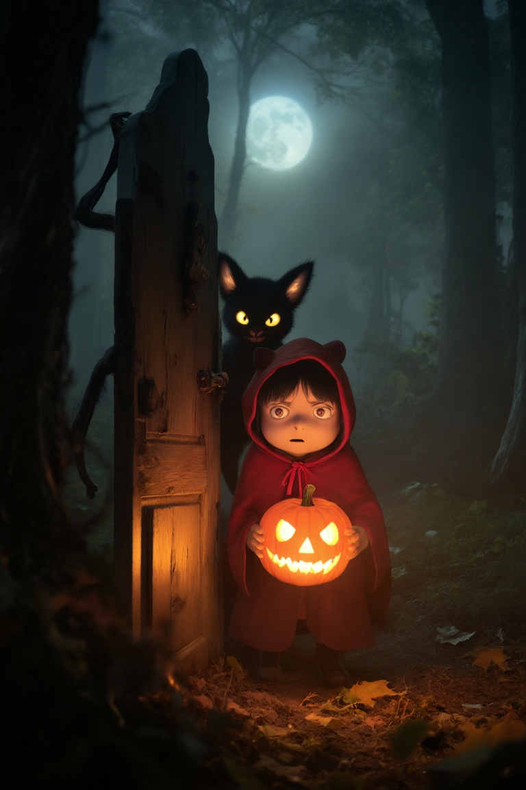 Ghibli studio style,  young girl in a red hooded cloak,  wide fearful eyes on Tensor.Art
