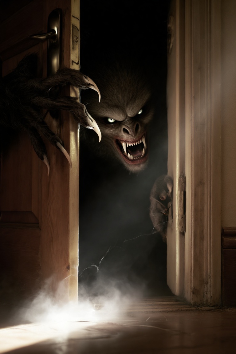 Extreme close-up,  dimly lit room,  cracked wooden door ajar on Tensor.Art