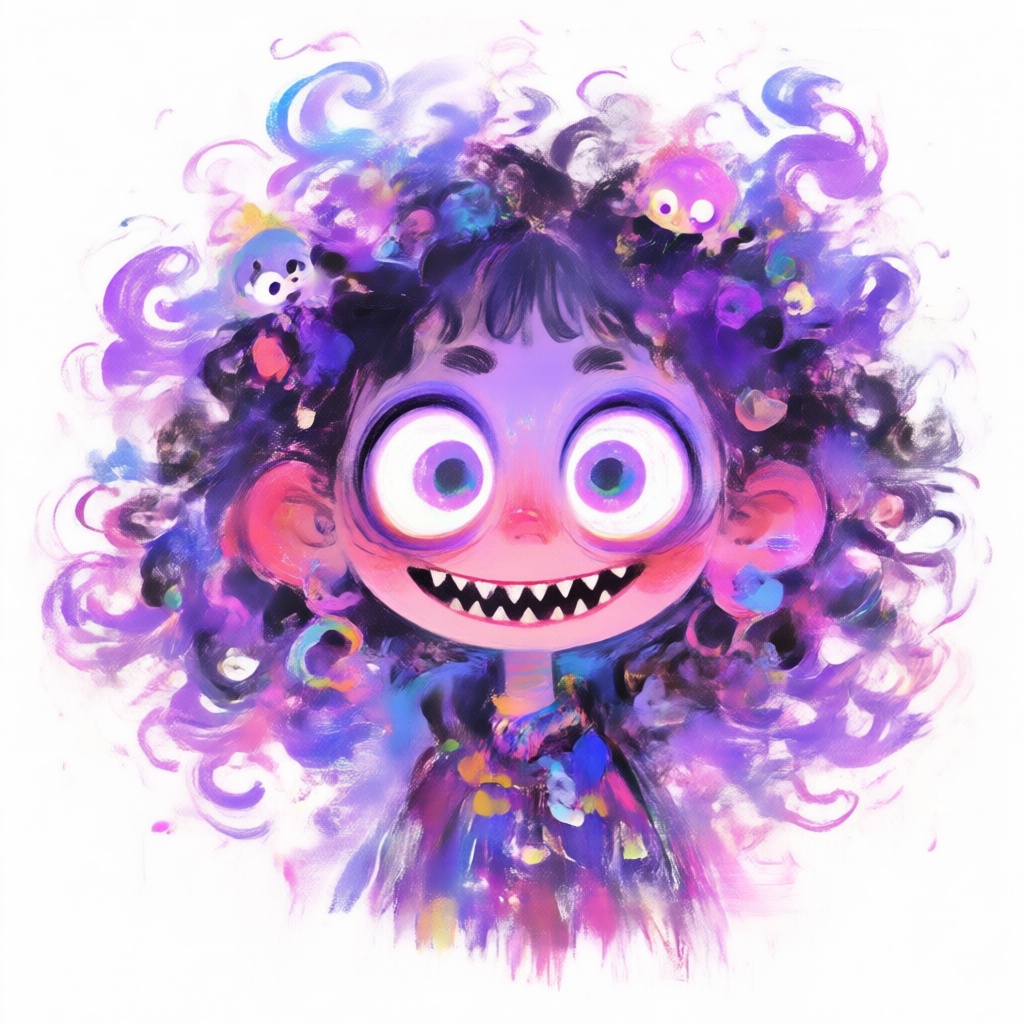 The image features a whimsical,  colorful character with large,  expressive eyes. The character has a playful expression o...