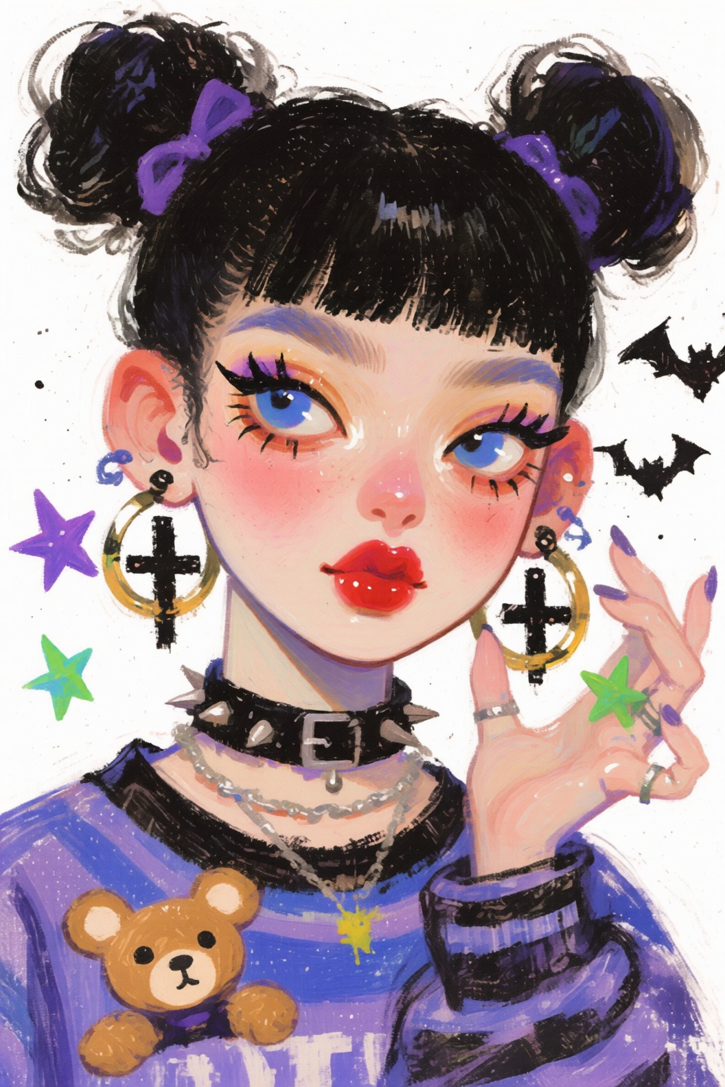 The image features a whimsical,  stylized character with a unique and vibrant appearance. The person has short black hair...