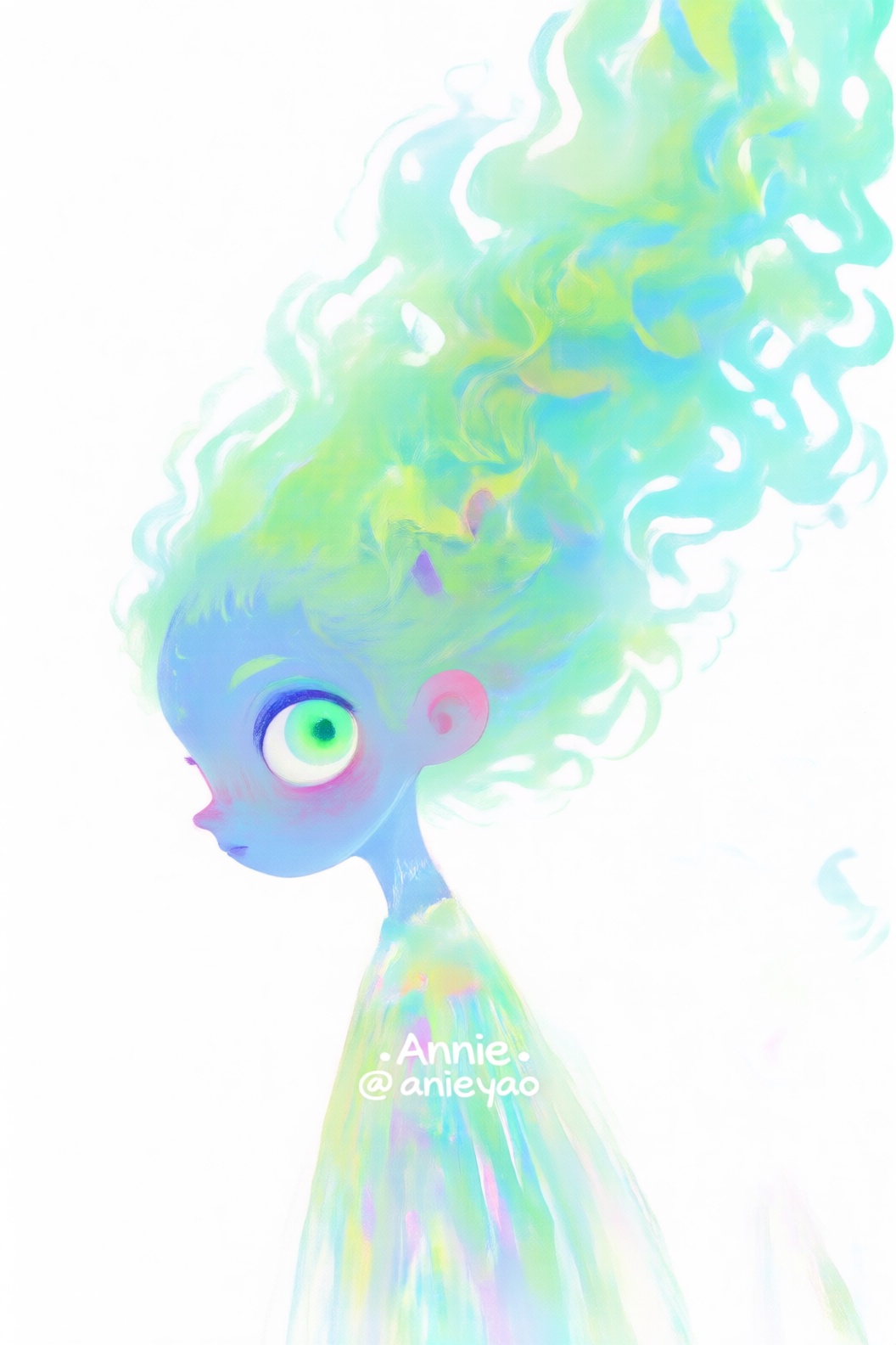 The image features a whimsical,  stylized character with a large,  glowing green eye. The character has a blue on Tensor.Art