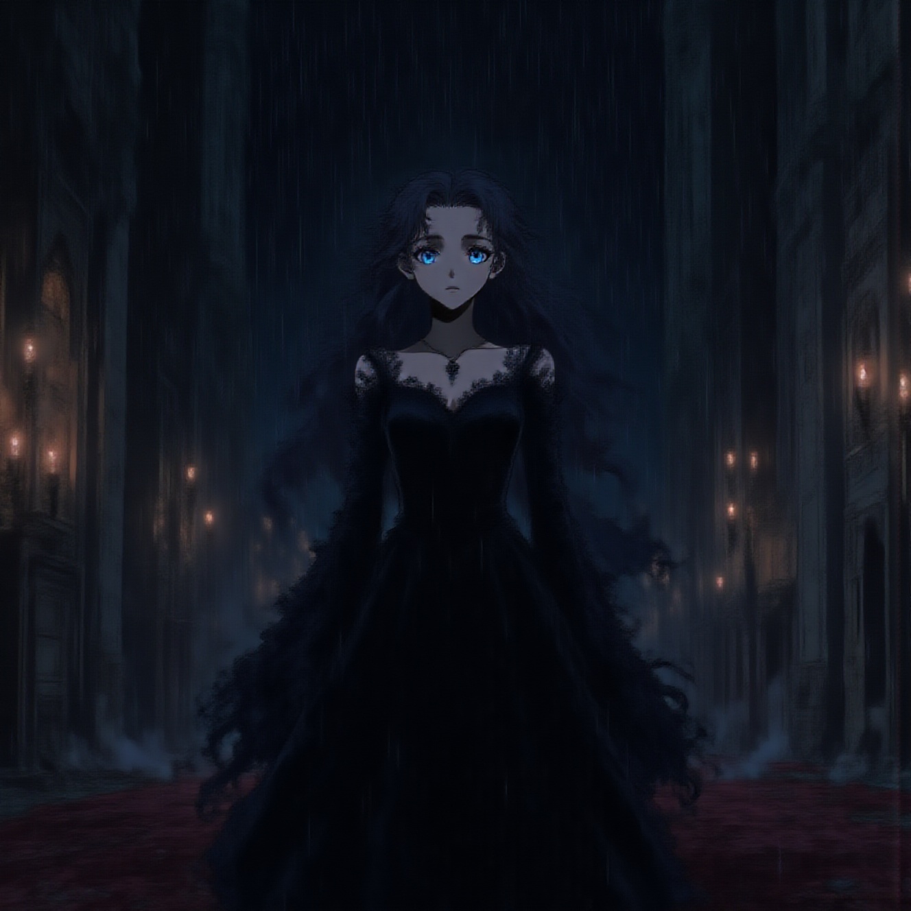 3986738193,  a gothic anime girl wearing a black lace dress,  candlelight and shadows on Tensor.Art