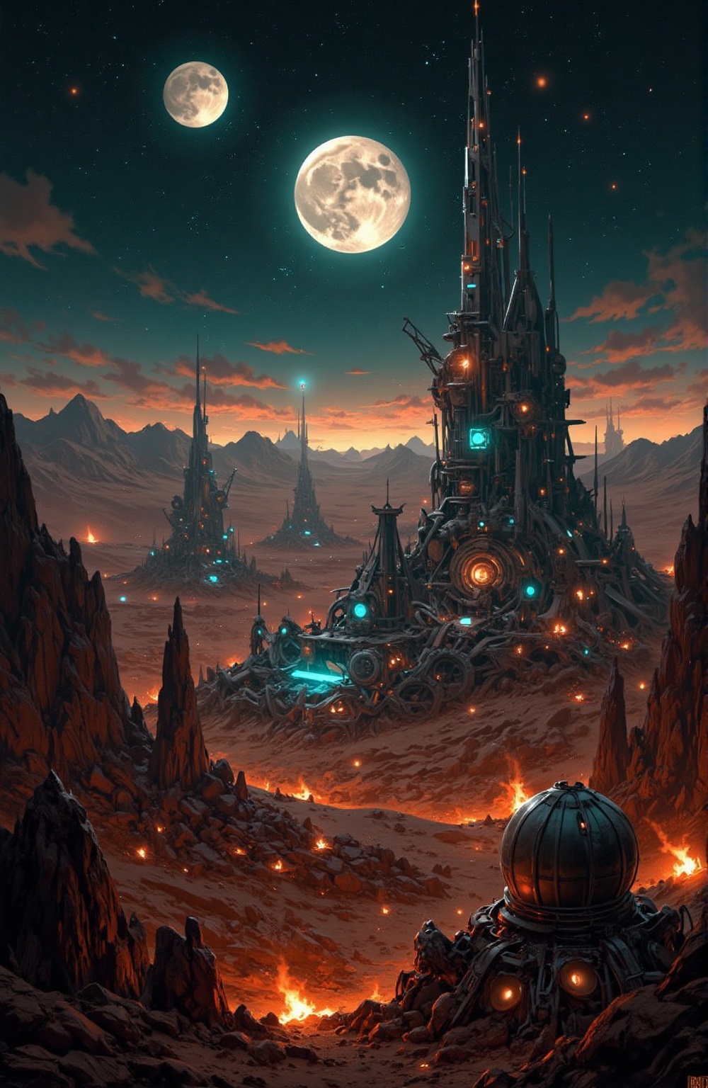Abandoned space colony on a desert planet,  broken machinery,  glowing dust storms on Tensor.Art