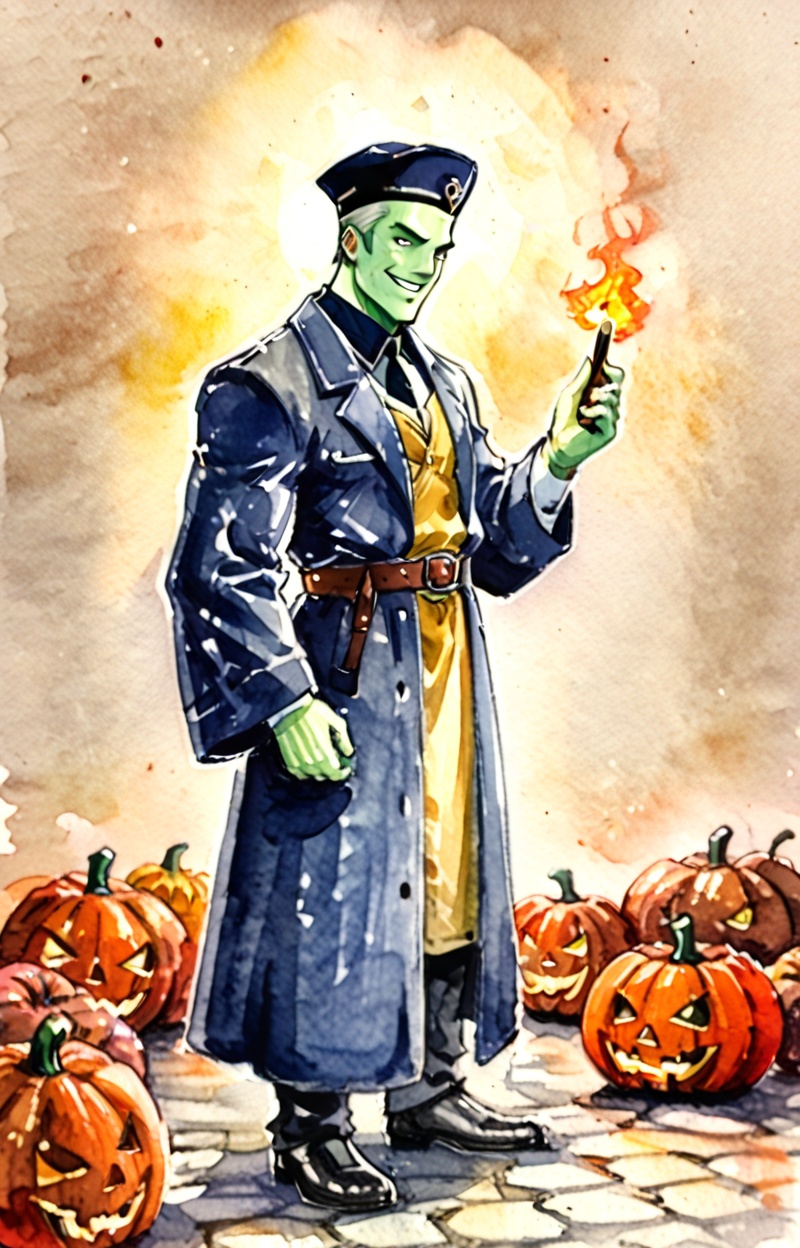 A pumpkin-headed alchemist standing in a candle-lit laboratory filled with bubbling flasks and swirling green mist. His fa...