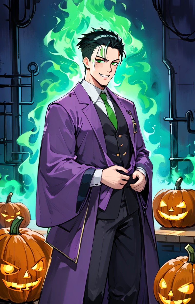 A pumpkin-headed alchemist standing in a candle-lit laboratory filled with bubbling flasks and swirling green mist. His fa...