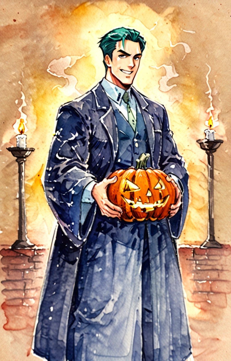 A pumpkin-headed alchemist standing in a candle-lit laboratory filled with bubbling flasks and swirling green mist. His fa...