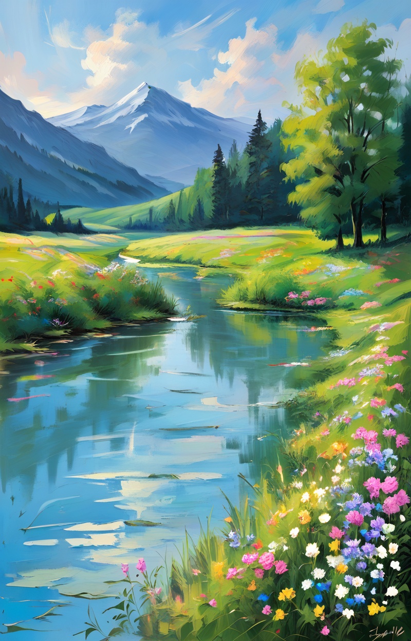 Oil painting. Impressionist style. Landscape with a meadow of flowers and a river. Wide shot,  atmospheric depth. Visible...