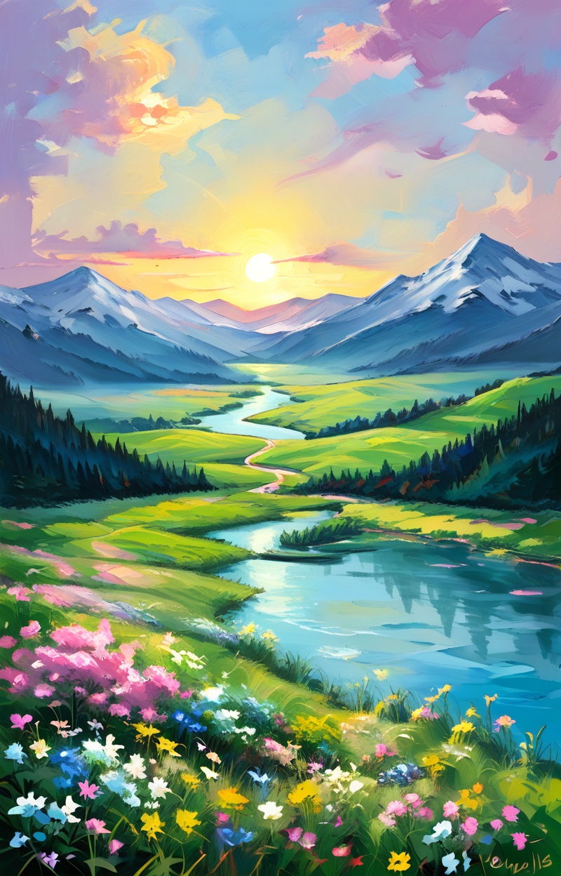 Oil painting. Impressionist style. Landscape with a meadow of flowers and a river. Wide shot,  atmospheric depth. Visible...