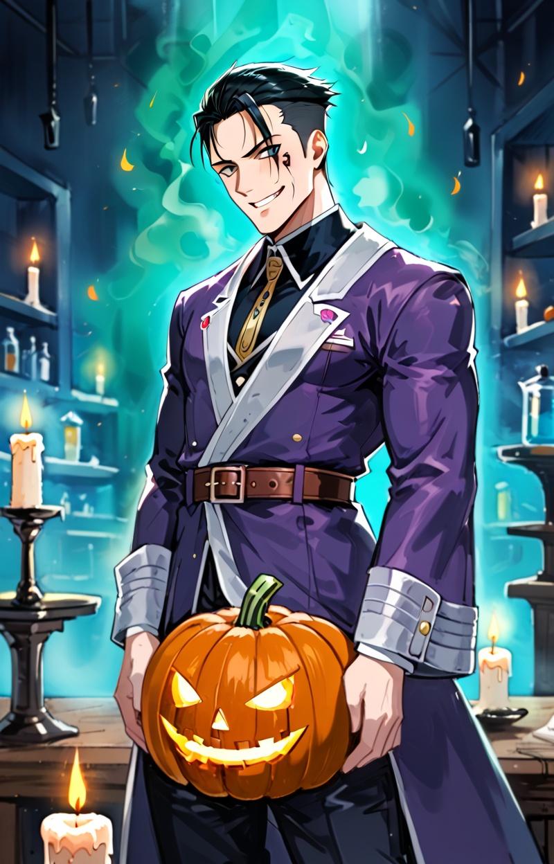 A pumpkin-headed alchemist standing in a candle-lit laboratory filled with bubbling flasks and swirling green mist. His fa...