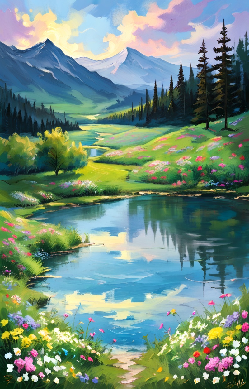 Oil painting. Impressionist style. Landscape with a meadow of flowers and a river. Wide shot,  atmospheric depth. Visible...