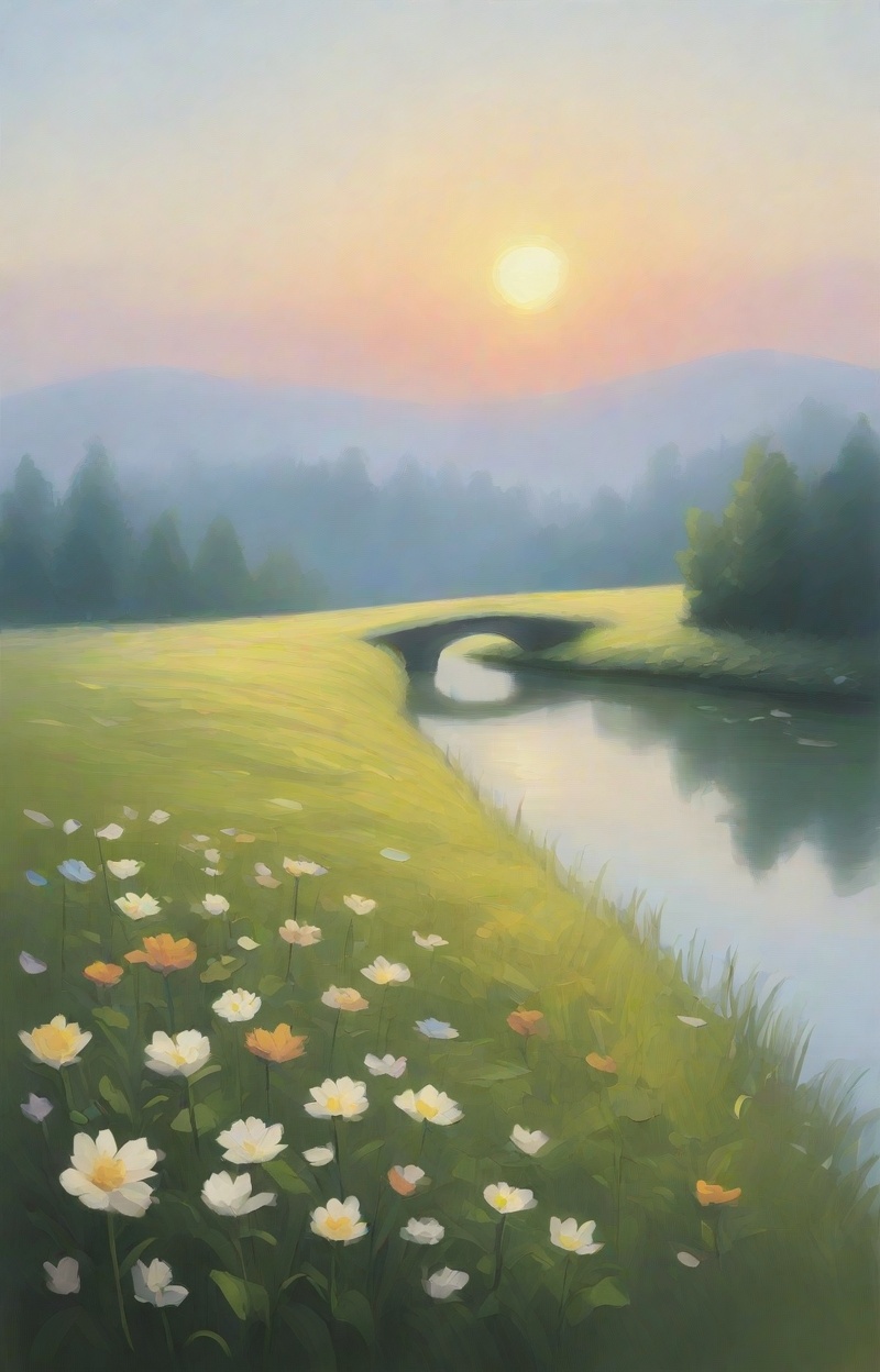 Oil painting. Impressionist style. Landscape with a meadow of flowers and a river. Wide shot,  atmospheric depth. Visible...