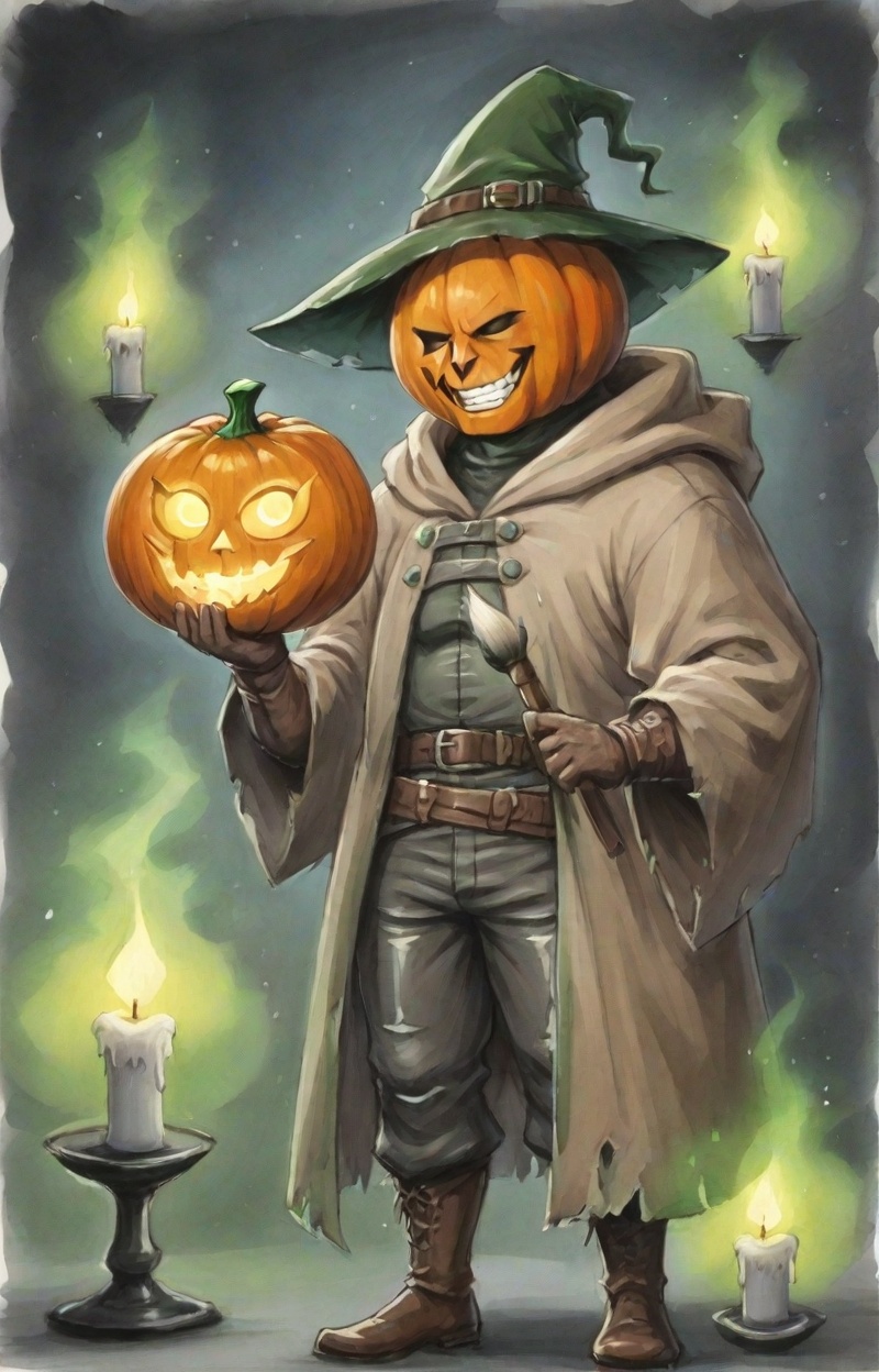A pumpkin-headed alchemist standing in a candle-lit laboratory filled with bubbling flasks and swirling green mist. His fa...