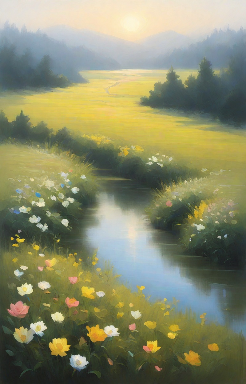 Oil painting. Impressionist style. Landscape with a meadow of flowers and a river. Wide shot,  atmospheric depth. Visible...