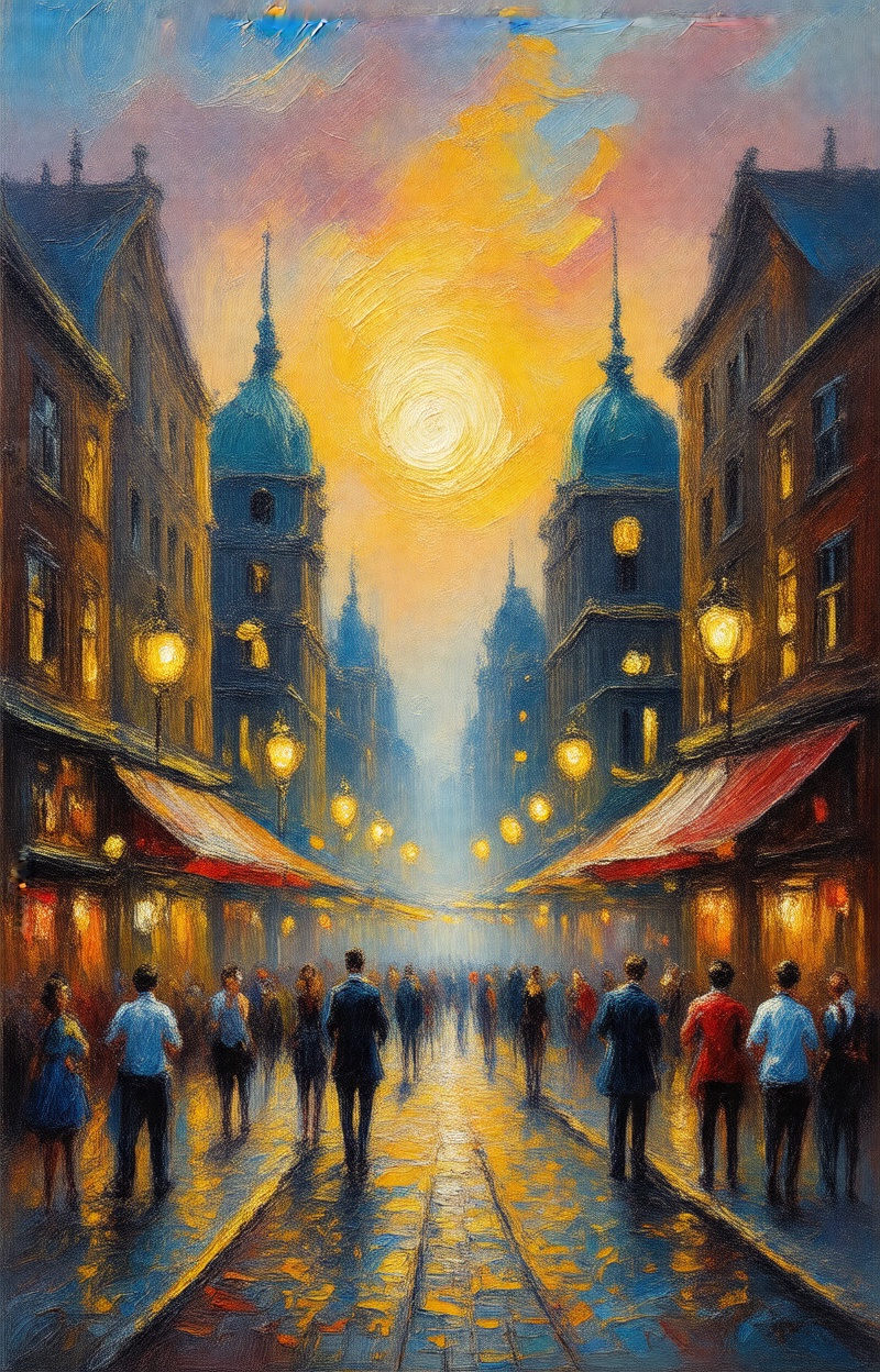 Monet's era style. ((Painterly blur)). Impressionist oil painting,  city street scene,  dreamy atmosphere on Tensor.Art