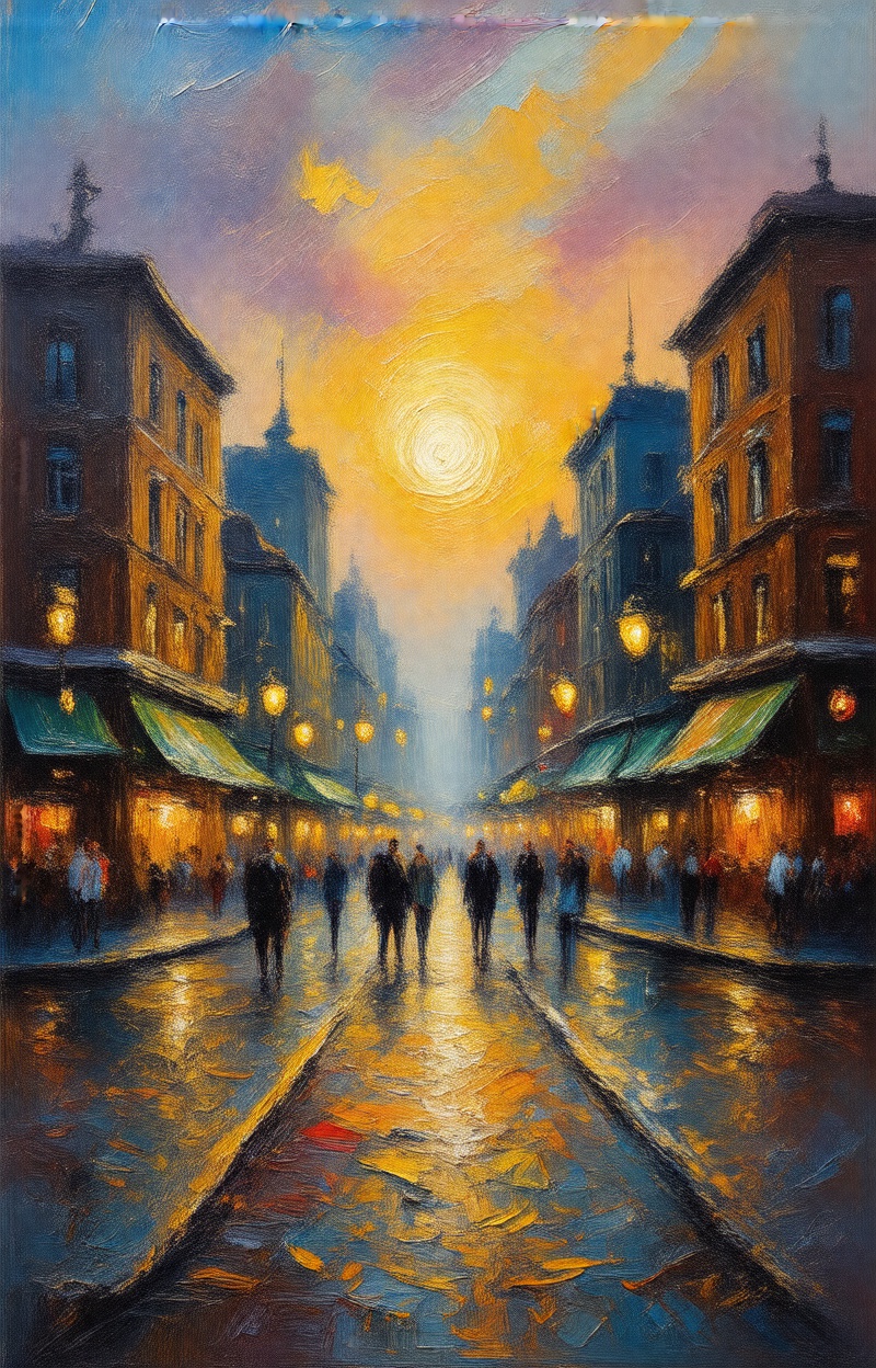 Monet's era style. ((Painterly blur)). Impressionist oil painting,  city street scene,  dreamy atmosphere on Tensor.Art