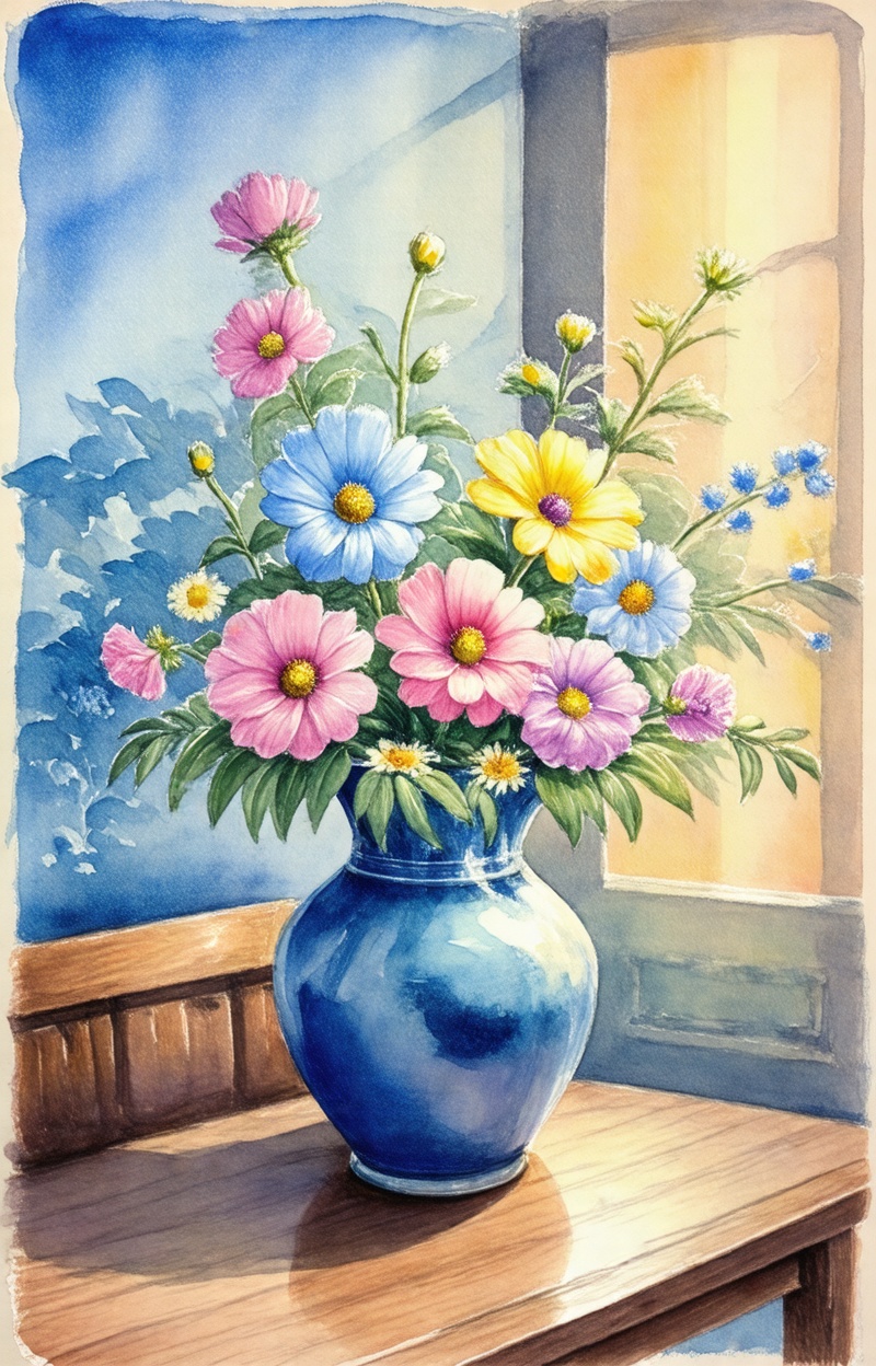 Impressionist watercolor painting,  still life with flowers,  delicate brush strokes on Tensor.Art