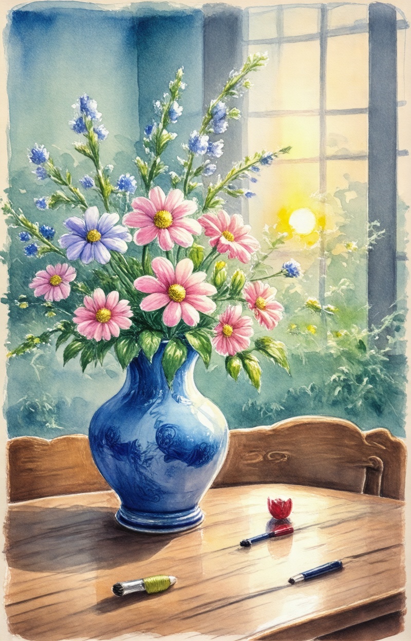 Impressionist watercolor painting,  still life with flowers,  delicate brush strokes on Tensor.Art