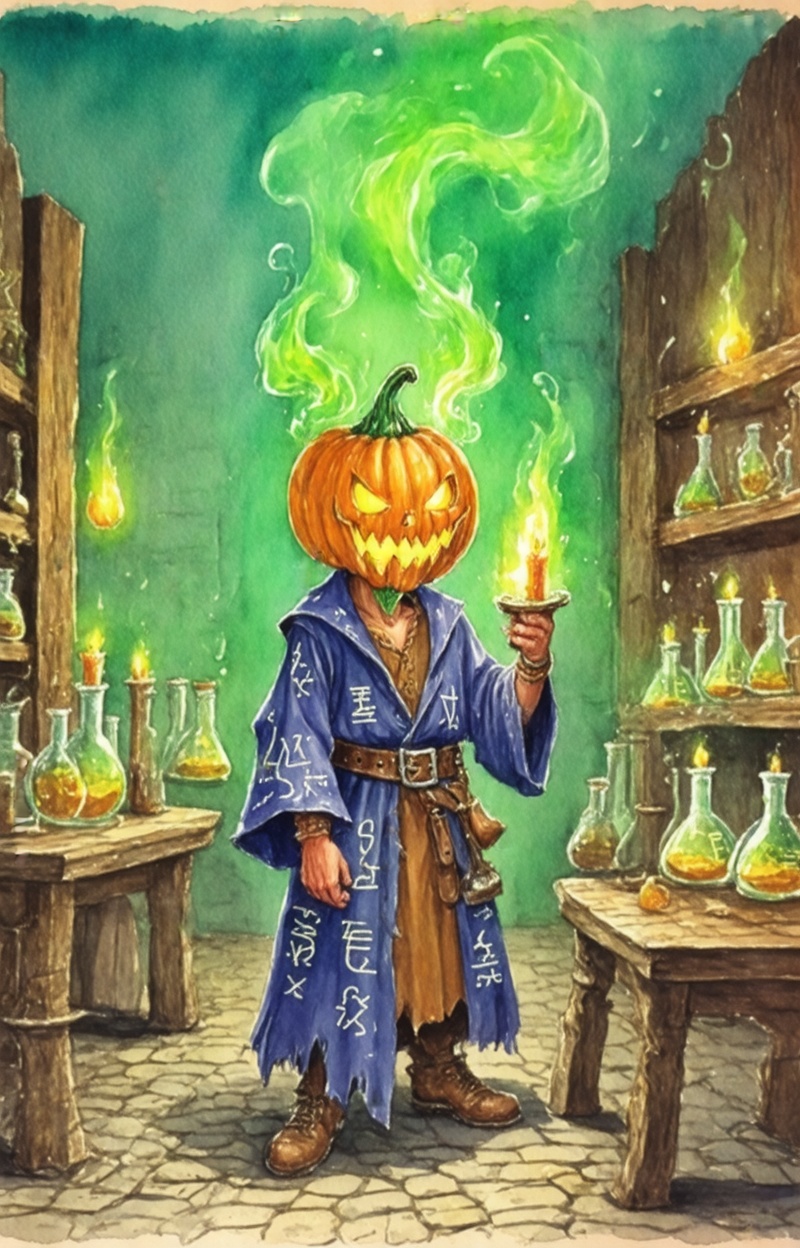 A pumpkin-headed alchemist standing in a candle-lit laboratory filled with bubbling flasks and swirling green mist. His fa...