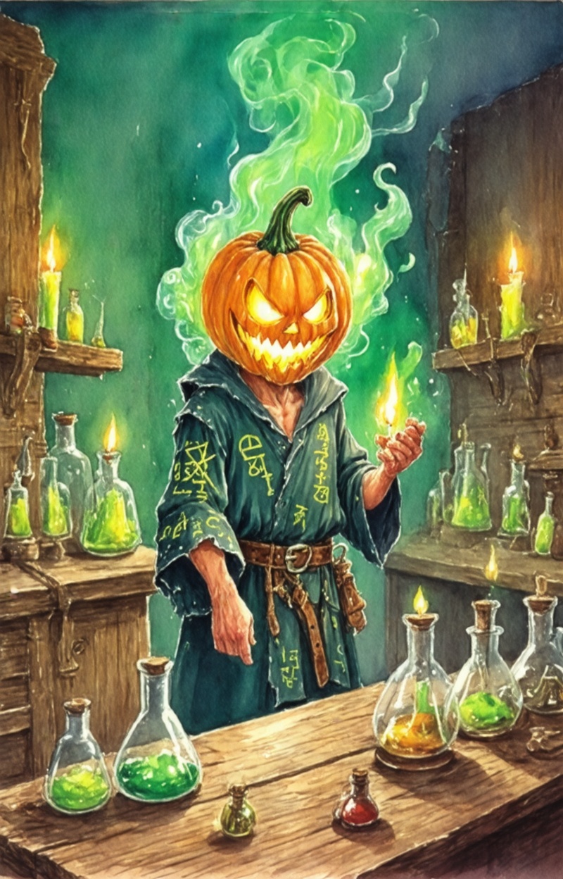 A pumpkin-headed alchemist standing in a candle-lit laboratory filled with bubbling flasks and swirling green mist. His fa...