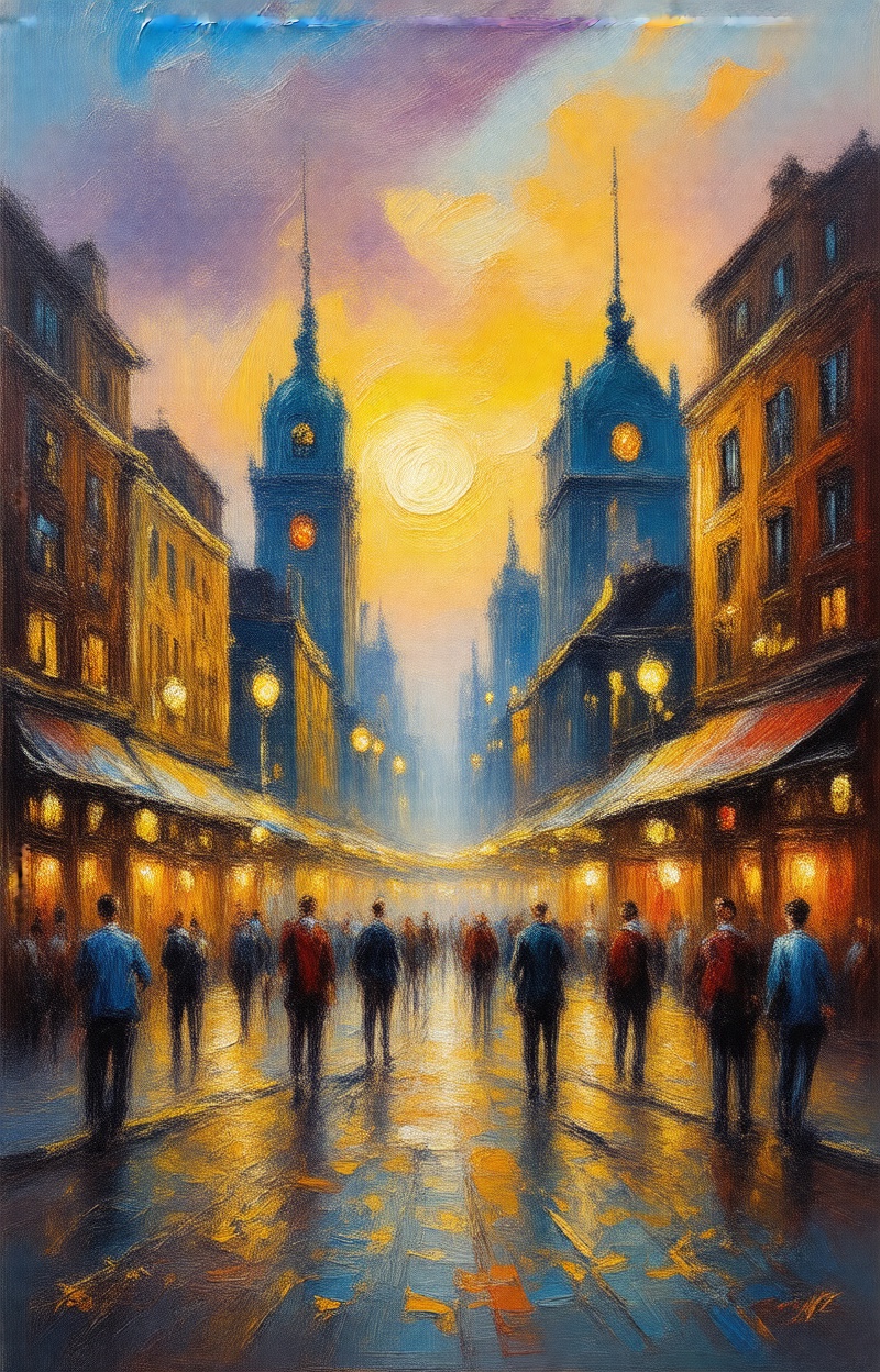 Monet's era style. ((Painterly blur)). Impressionist oil painting,  city street scene,  dreamy atmosphere on Tensor.Art