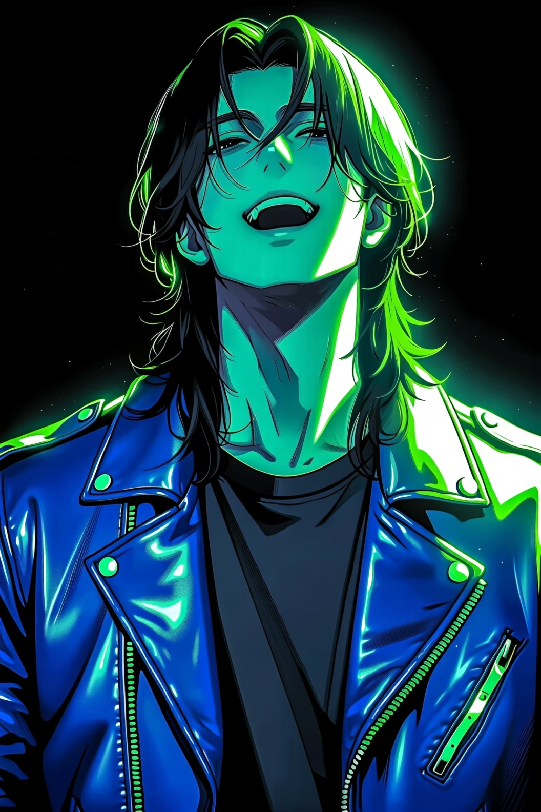 an anime like illustration featuring a man with prominent green and white highlights,  shadows,  and highlights. The man h...