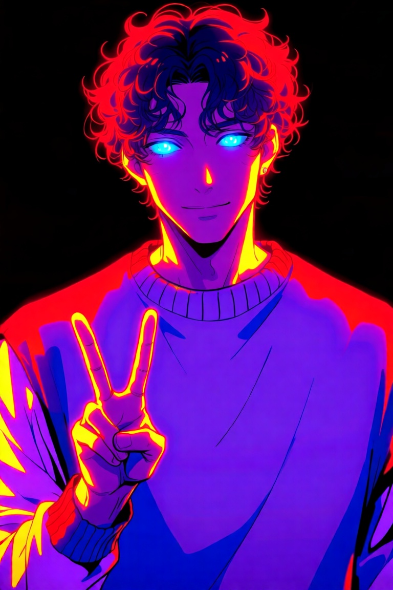 an anime inspired 4m4 illustration ,  a man with curly hair,  blue neon glowing eyes and he is wearing a sweater vest whil...