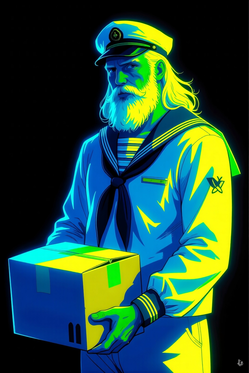 an illustration featuring a man with white beard wearing a sailor outfit,  he has long white hair and he is holding a cart...