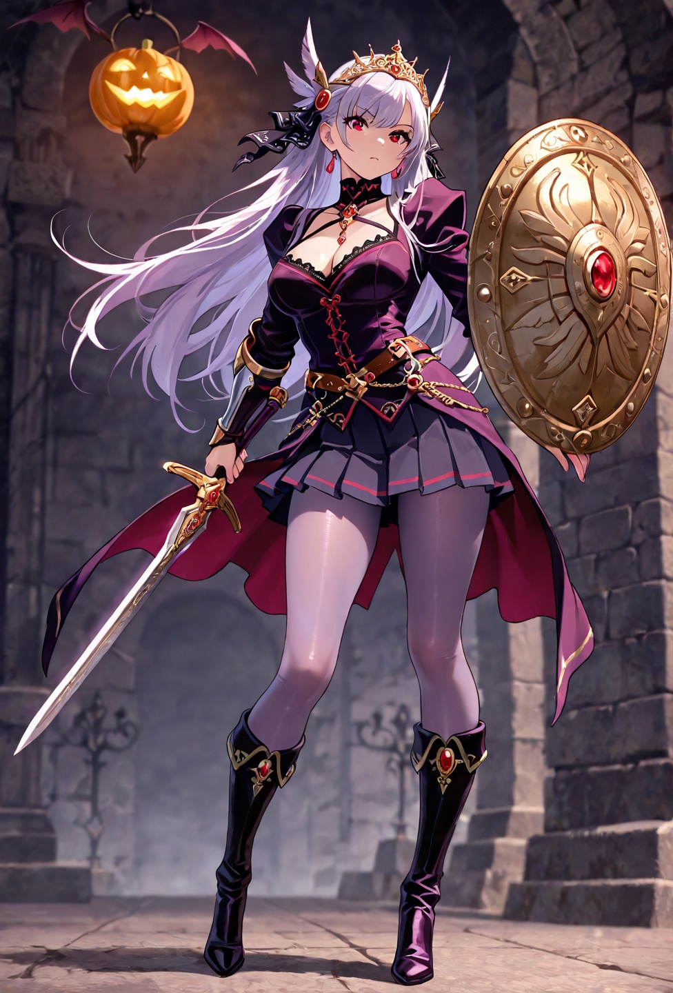 Masterpiece,  Anime Style: A brave valkyrie engaged in a fierce battle with a formidable evil entity in an ancient dungeon...