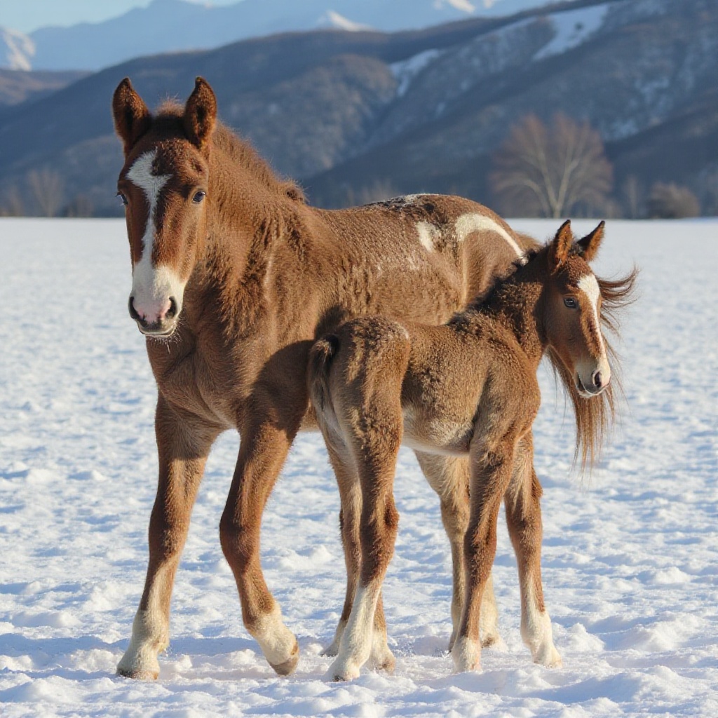 Cinematic photorealistic scene of a mother and foal Bashkir Curly Horse walking slowly in a snowy winter meadow. Both have...