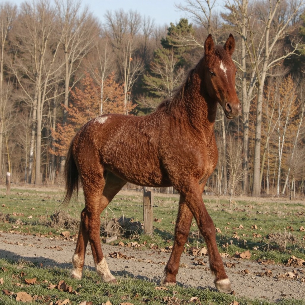 Photorealistic cinematic shot of a single ***** Bashkir Curly Horse trotting along a leaf-covered autumn path. Deep reddis...