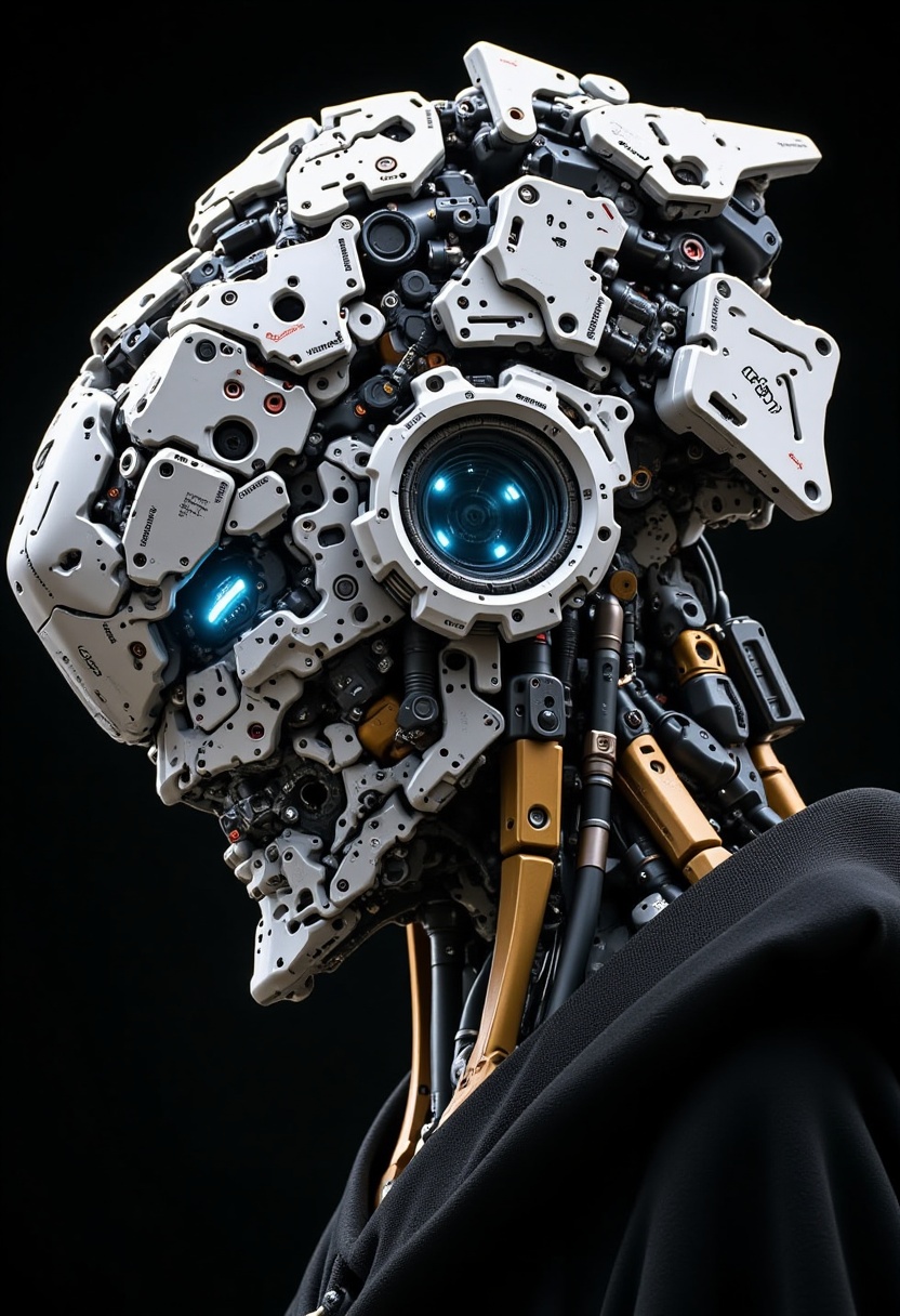 A highly detailed and intricate mecha with an advance mechanical design. The head is predominantly metallic silver with go...