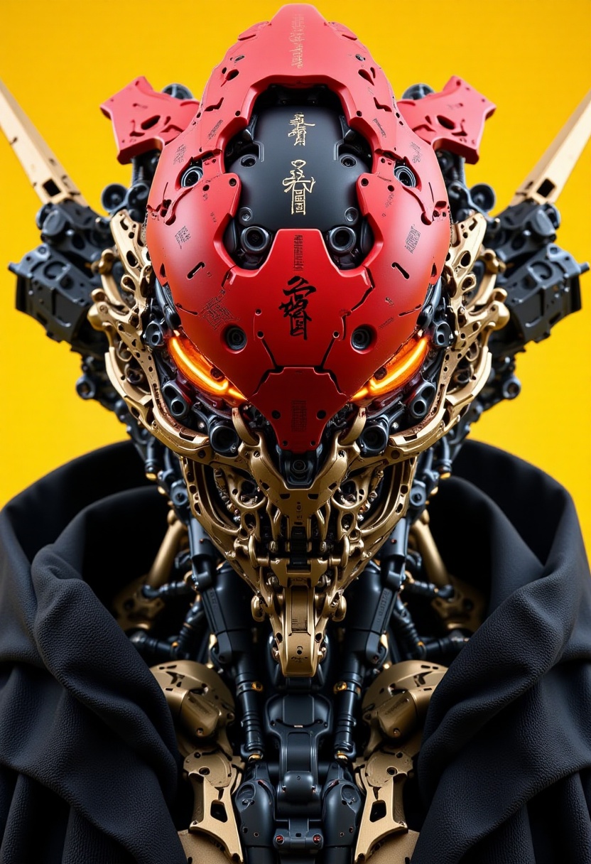 xx-818-xx,  A highly detailed mecha with a menacing looking,  predominantly in red and gold on Tensor.Art