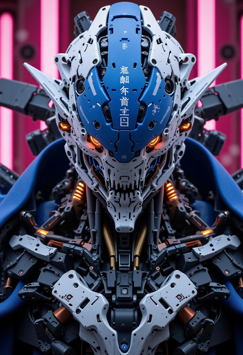 xx-818-xx,  A highly detailed mecha with a menacing looking,  predominantly in blue and white on Tensor.Art
