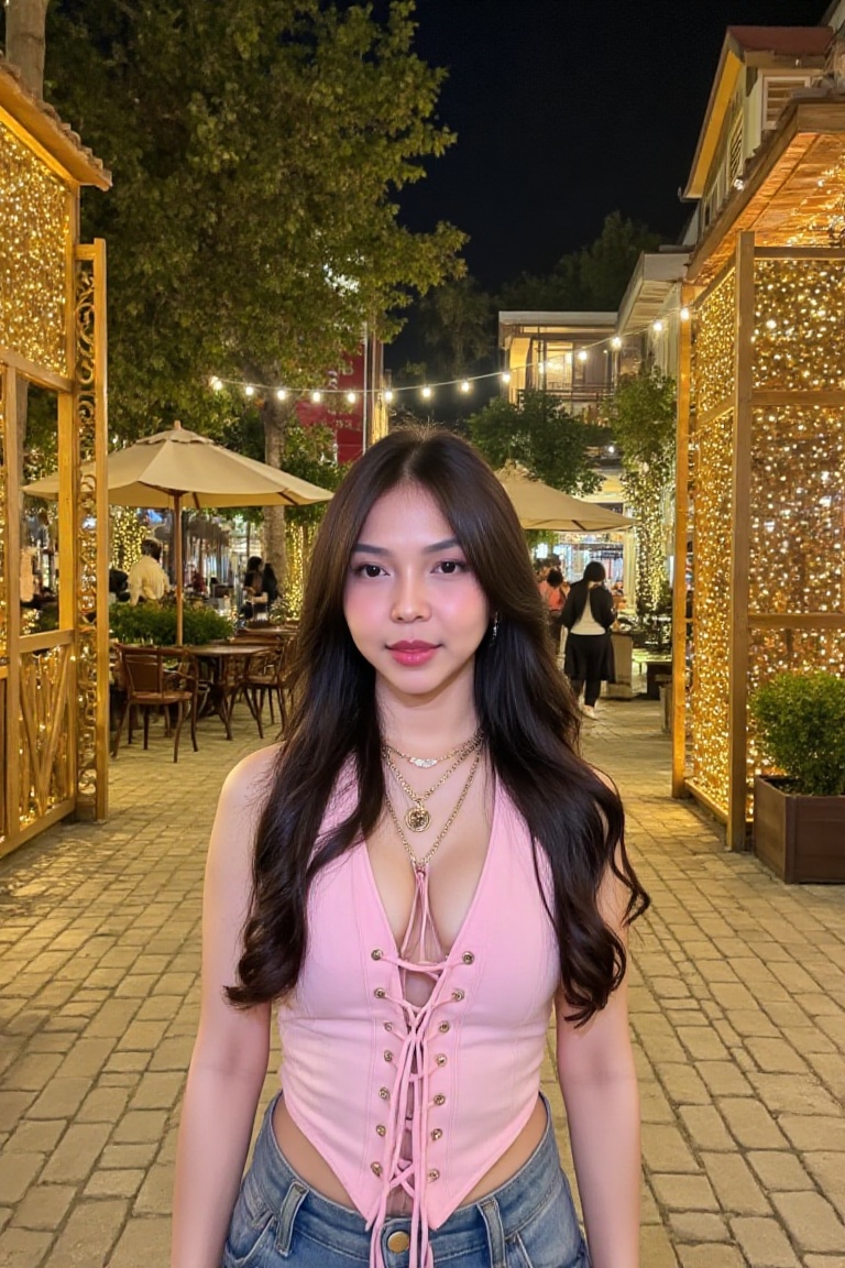The image shows a person standing outdoors at night. The individual is wearing a sleeveless pink halter top with lace-up d...