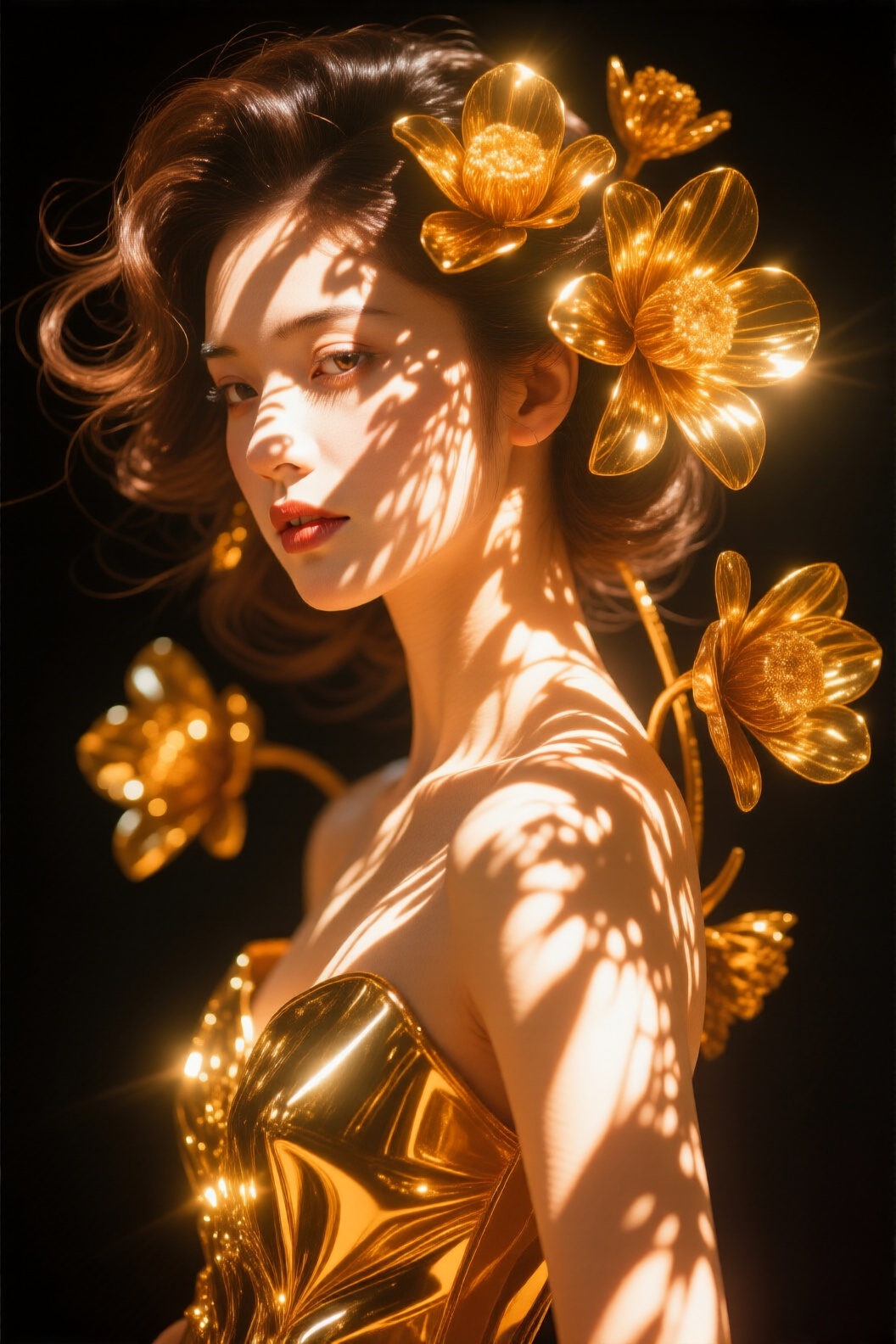 Ultra high definition rendering of a mesmerizing scene: A girl with gleaming chrome flowers woven into her hair stands tal...