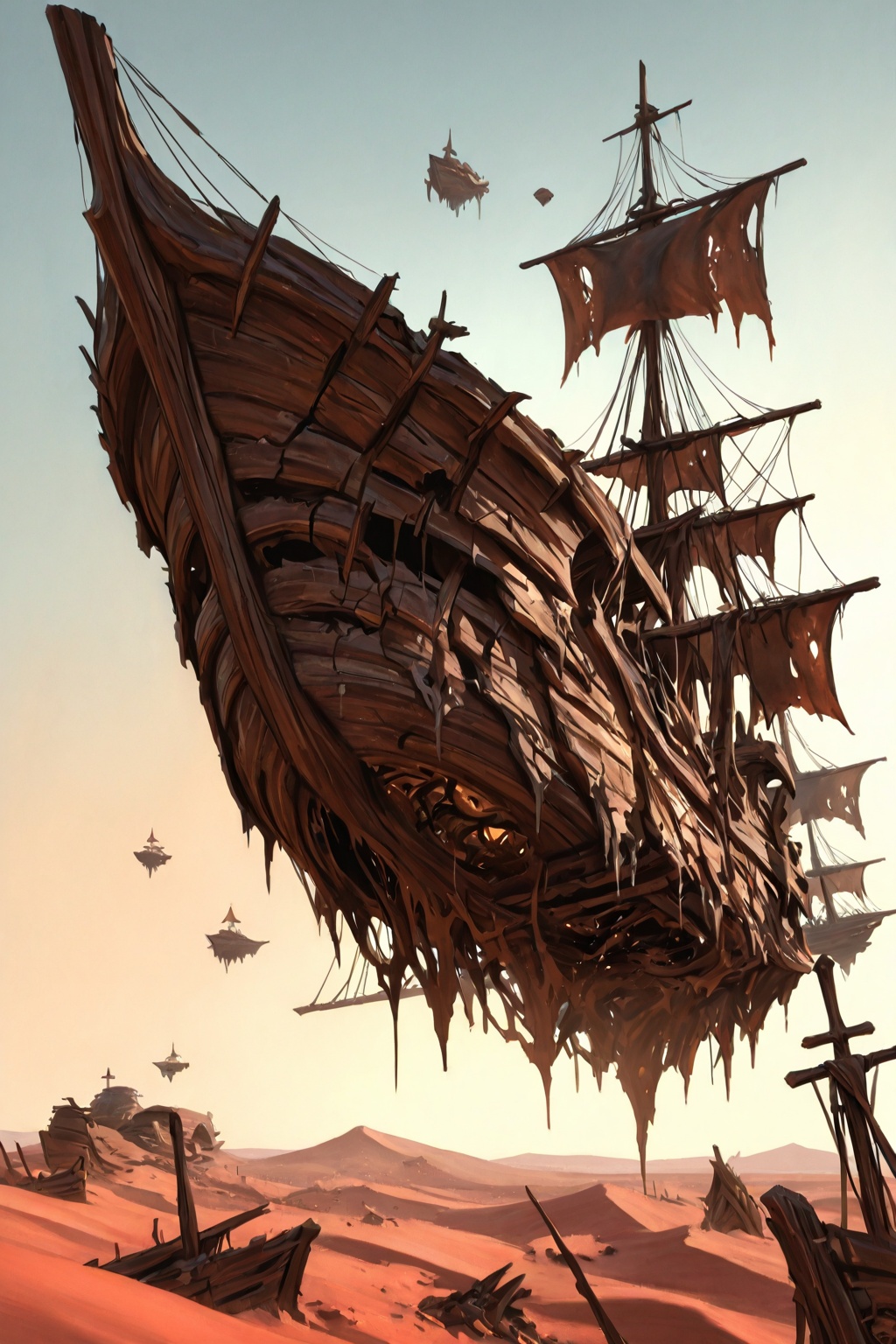 A floating ship,  a wooden shipwreck with a badly damaged wooden bow,  in the desert sky. intricate on Tensor.Art