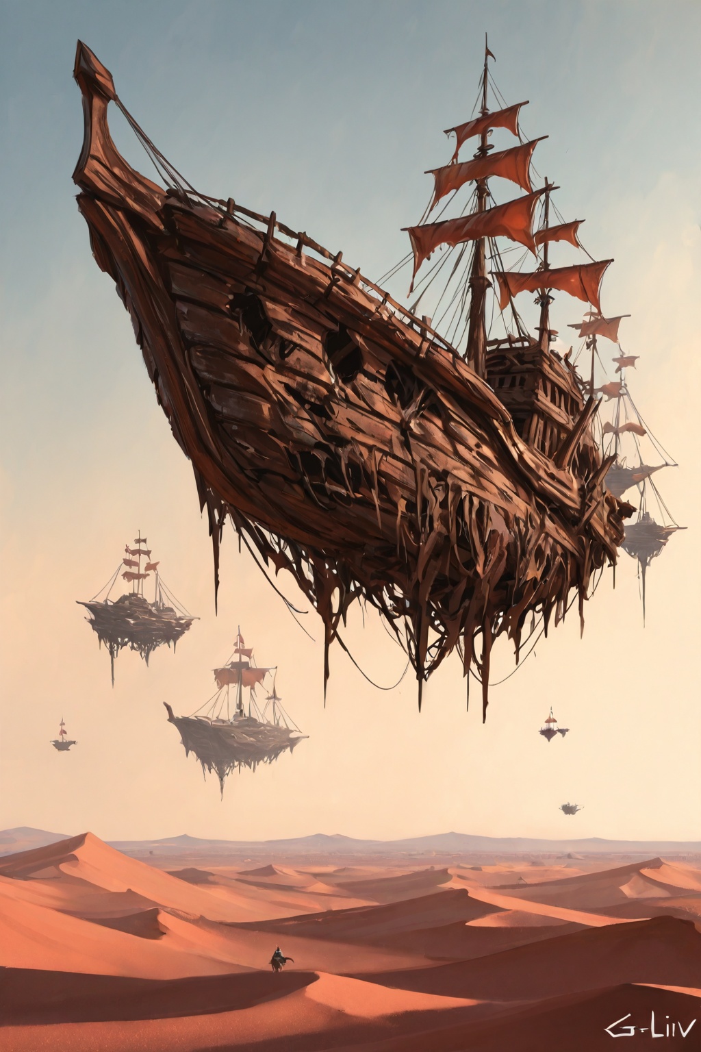 A floating ship,  a wooden shipwreck with a badly damaged wooden bow,  in the desert sky. intricate on Tensor.Art