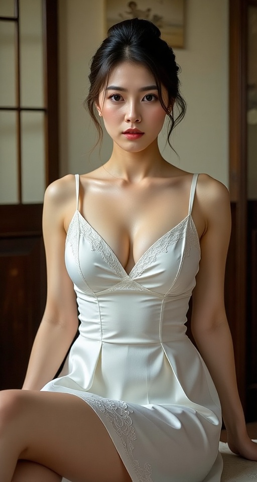 A high-resolution,  ultra-detailed image of a solo 1girl solo breasts looking at viewer large breasts black hair thighhigh...
