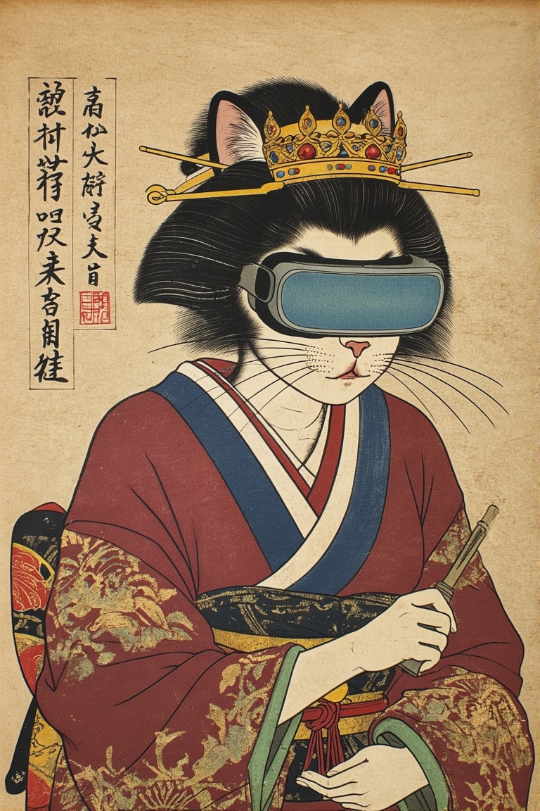 Ukiyo-e painting of a catgirl hacker wearing VR crown on Tensor.Art
