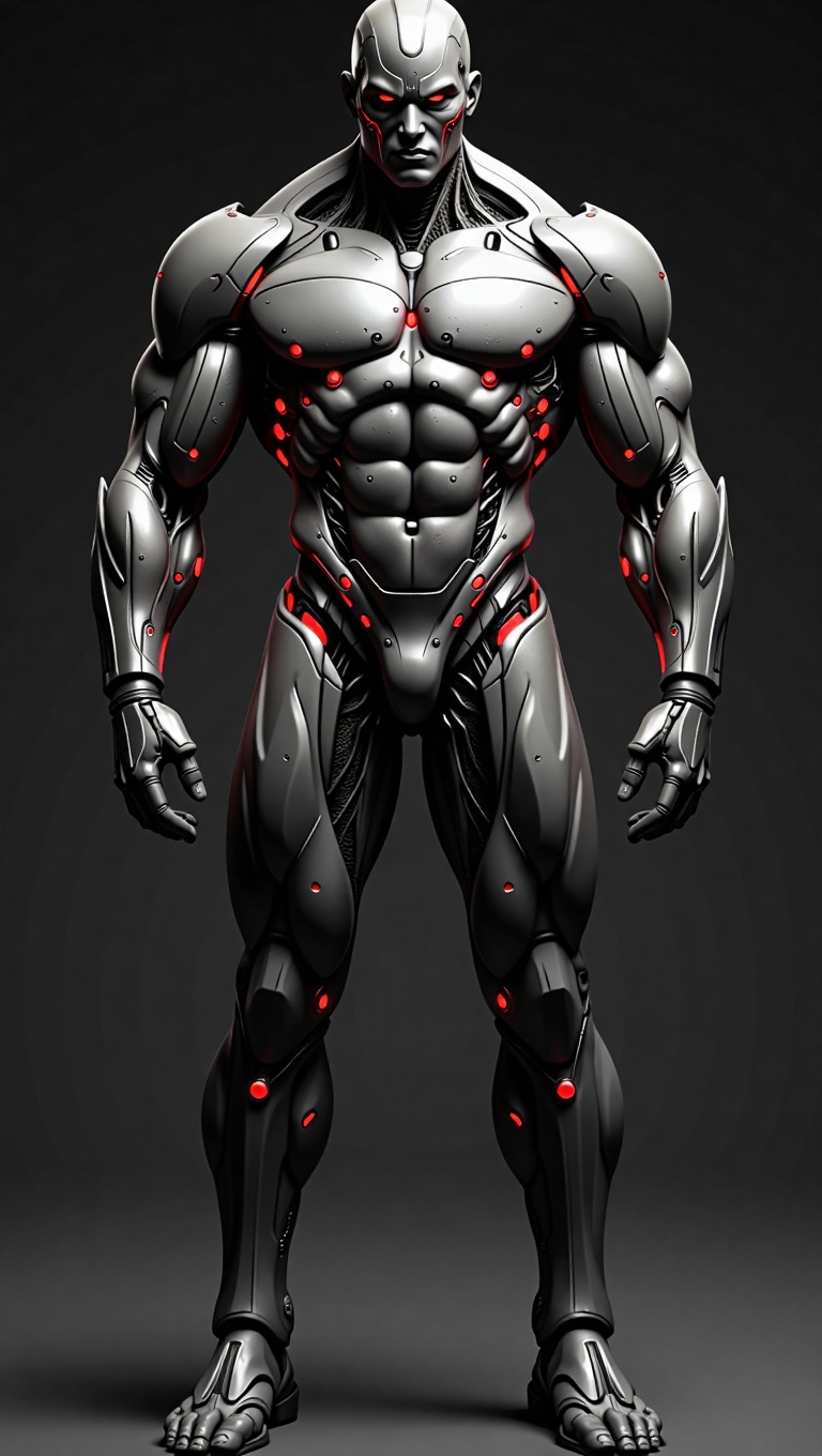 A towering biomechanical humanoid figure with a highly muscular and imposing build,  blending organic anatomy with sleek,...
