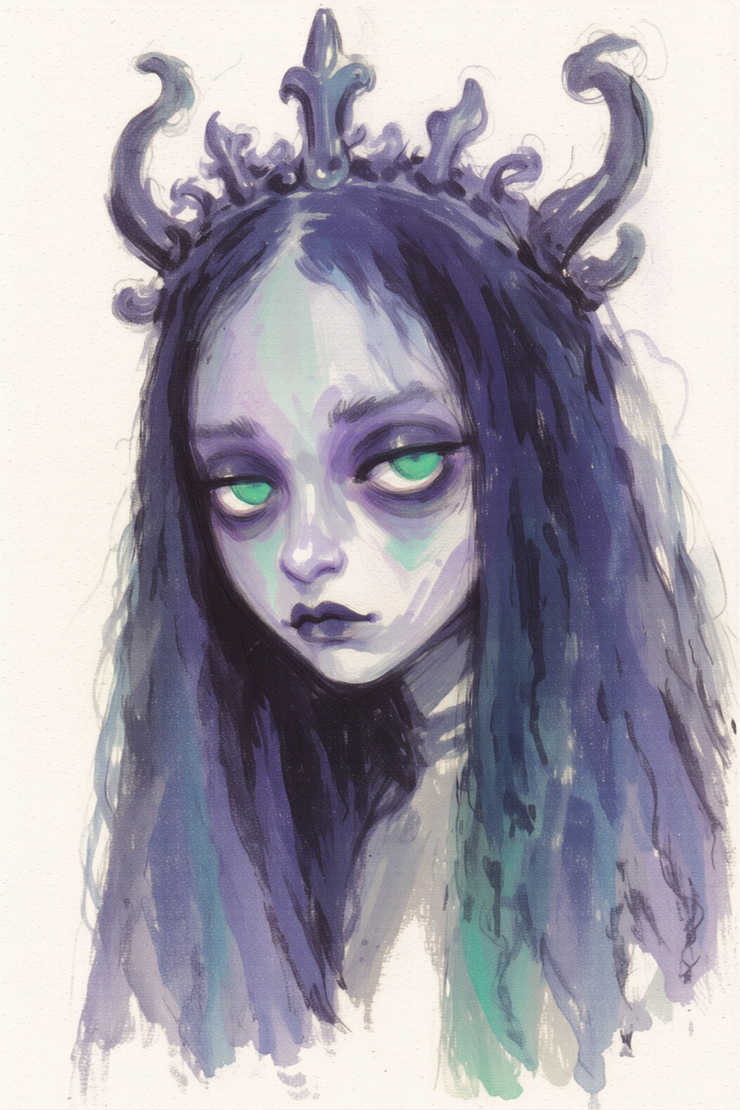 The image depicts a stylized,  artistic character with a pale complexion and striking green eyes. The character has long,...