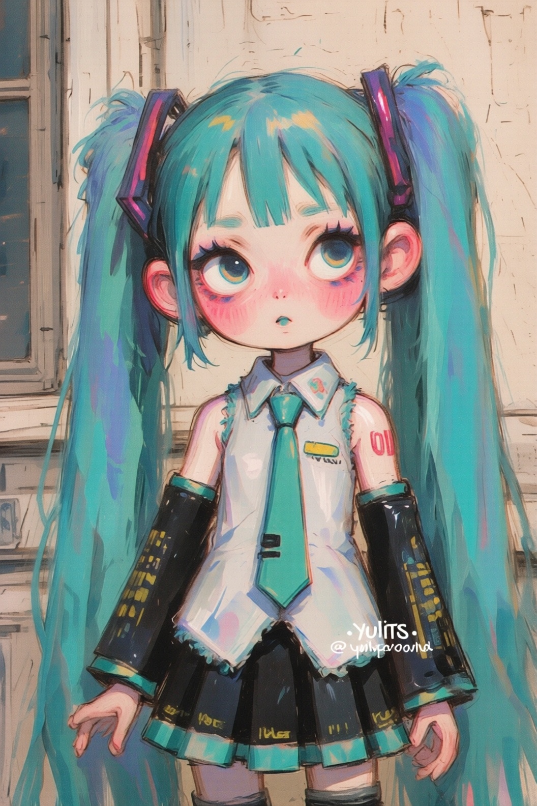 The image depicts a vibrant and colorful scene featuring a character with turquoise hair styled into twin ponytails,  each...