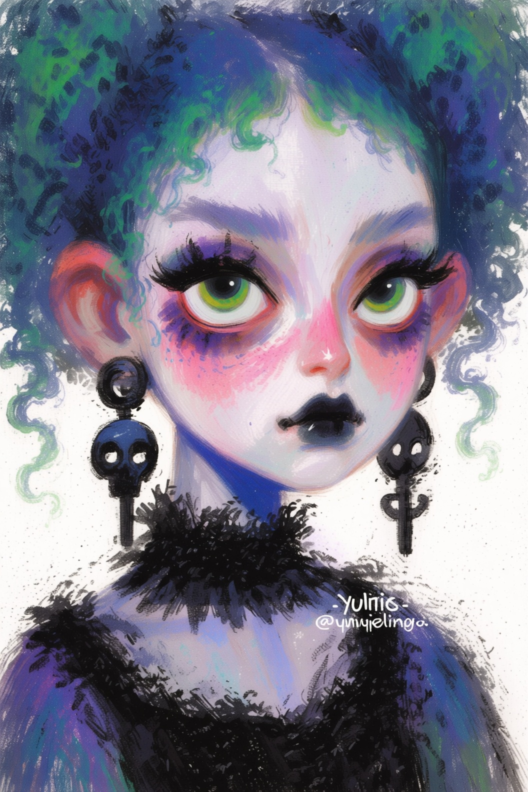 The image features a stylized,  colorful portrait of a person with a unique appearance. The individual has large,  express...